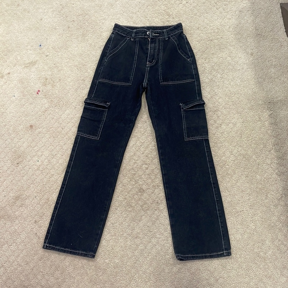 black with white stitching high ride wide leg jeans size xxs women’s pants